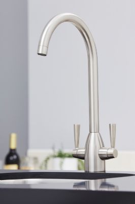 EVO RICHMOND BRUSHED NICKEL MONO DUAL LEVER SWAN NECK KITCHEN SINK MIXER TAP with SWIVEL SPOUT, KTAP005BN EVO RICHMOND BRUSHED NICKEL MONO DUAL LEVER SWAN NECK KITCHEN SINK MIXER TAP with SWIVEL SPOUT, KTAP005BN